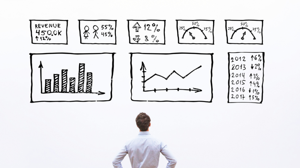 Person facing hand-drawn revenue and performance charts on a wall