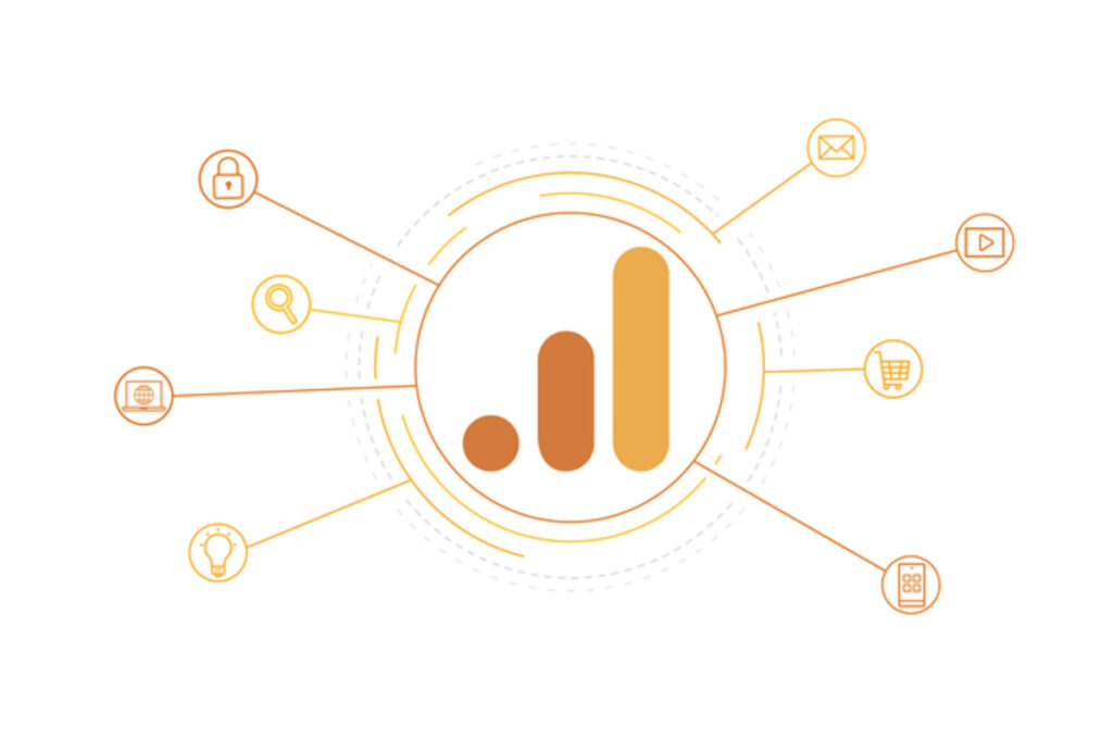 Google Analytics symbol connected to privacy, search, email, video, ecommerce and mobile icons