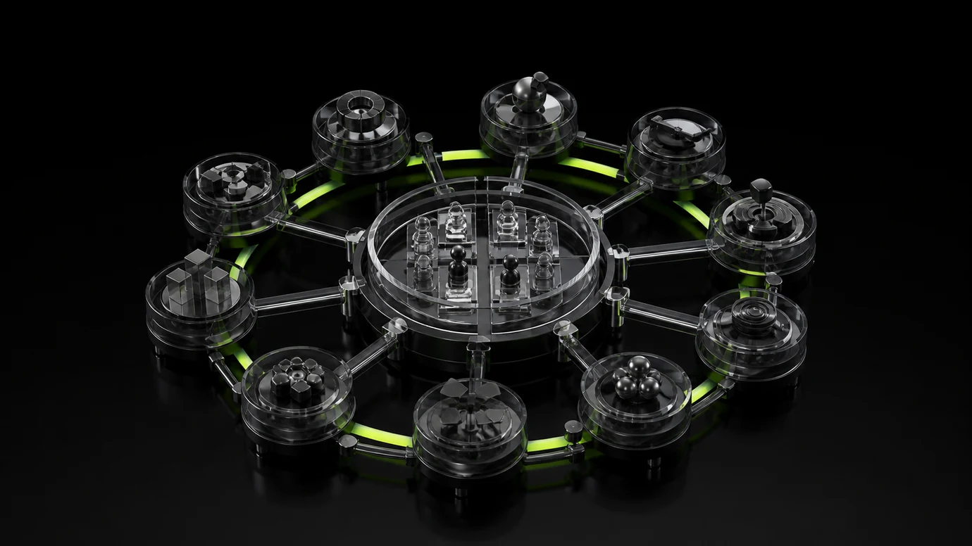 A lime calibration ring linking ten marketplace measurement nodes around a central core