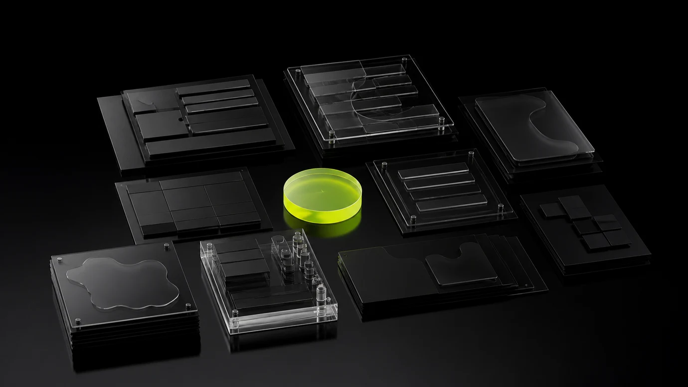 Layered black and glass workshop artefacts organised around a lime decision marker