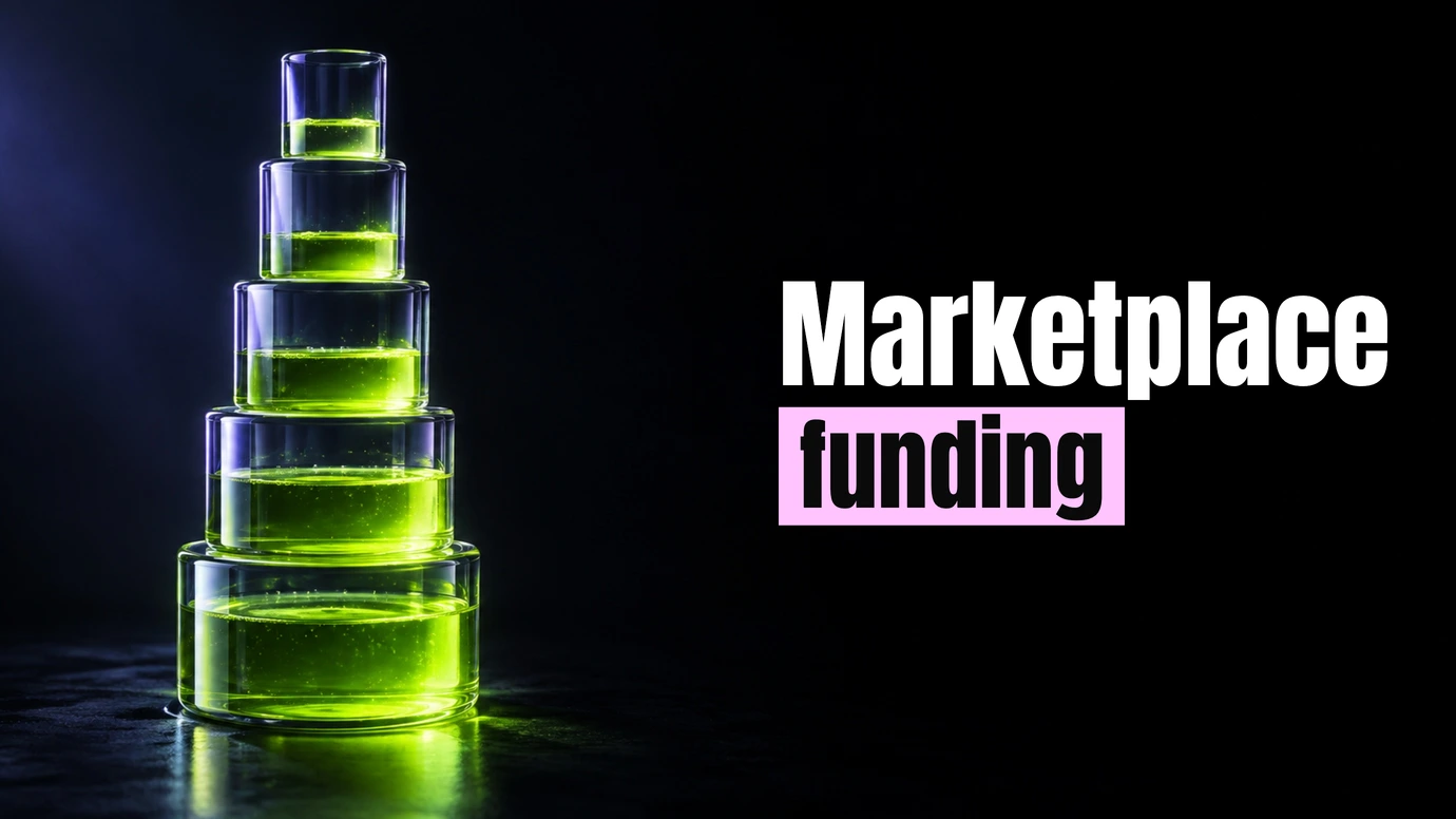 A stack of glass rings filling with lime light, tier by tier beside the headline Marketplace funding