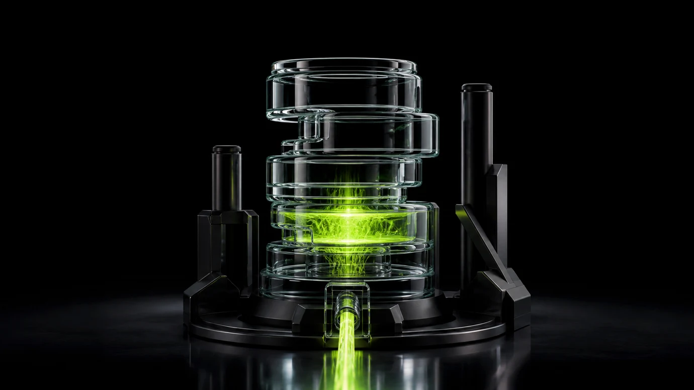 A lime capital stream accumulating inside a supported stack of transparent funding chambers