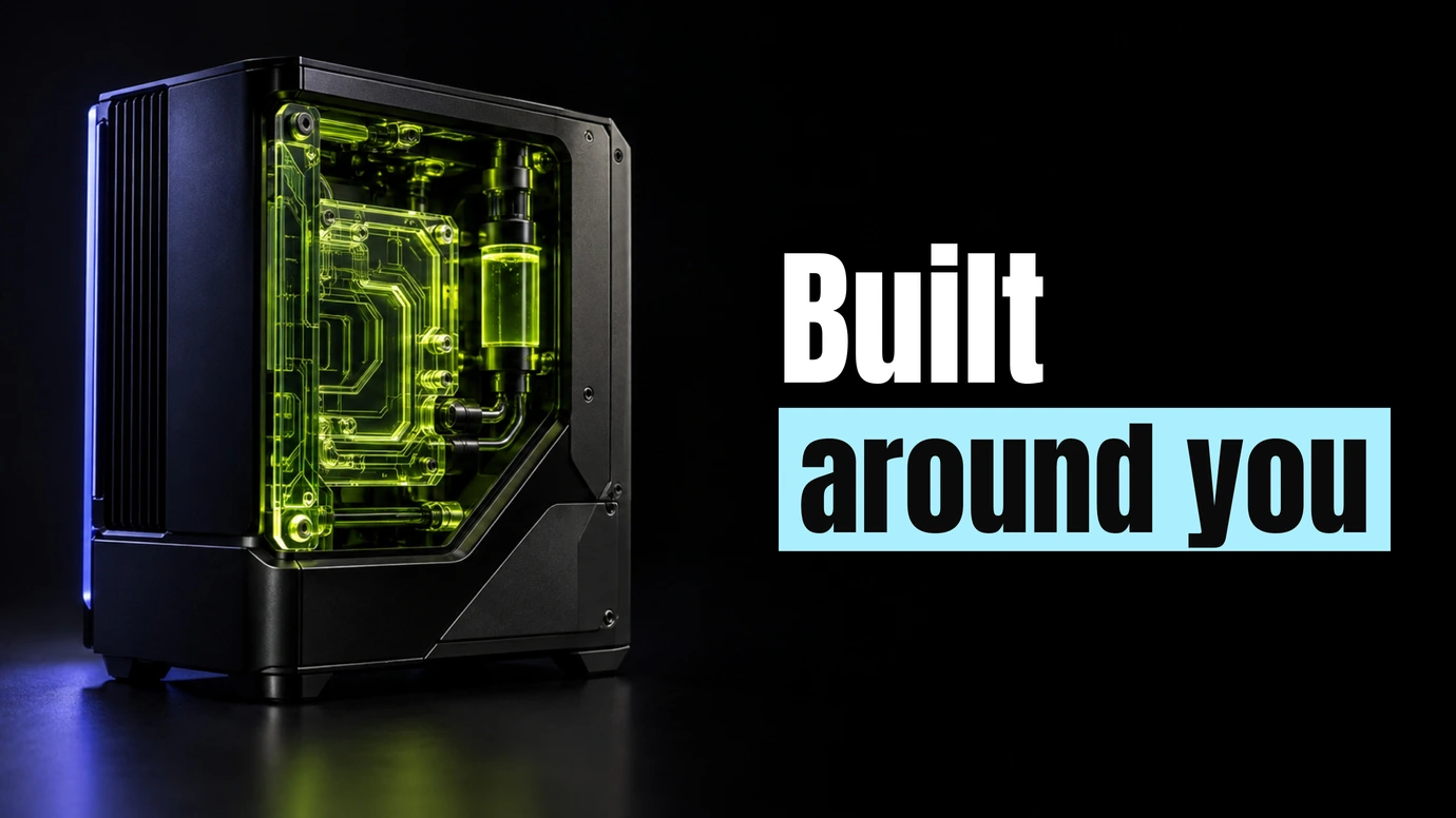 A bespoke black machine with a custom-cut lime circuit core, lit in a dark studio, evoking custom-built software beside the headline Built around you