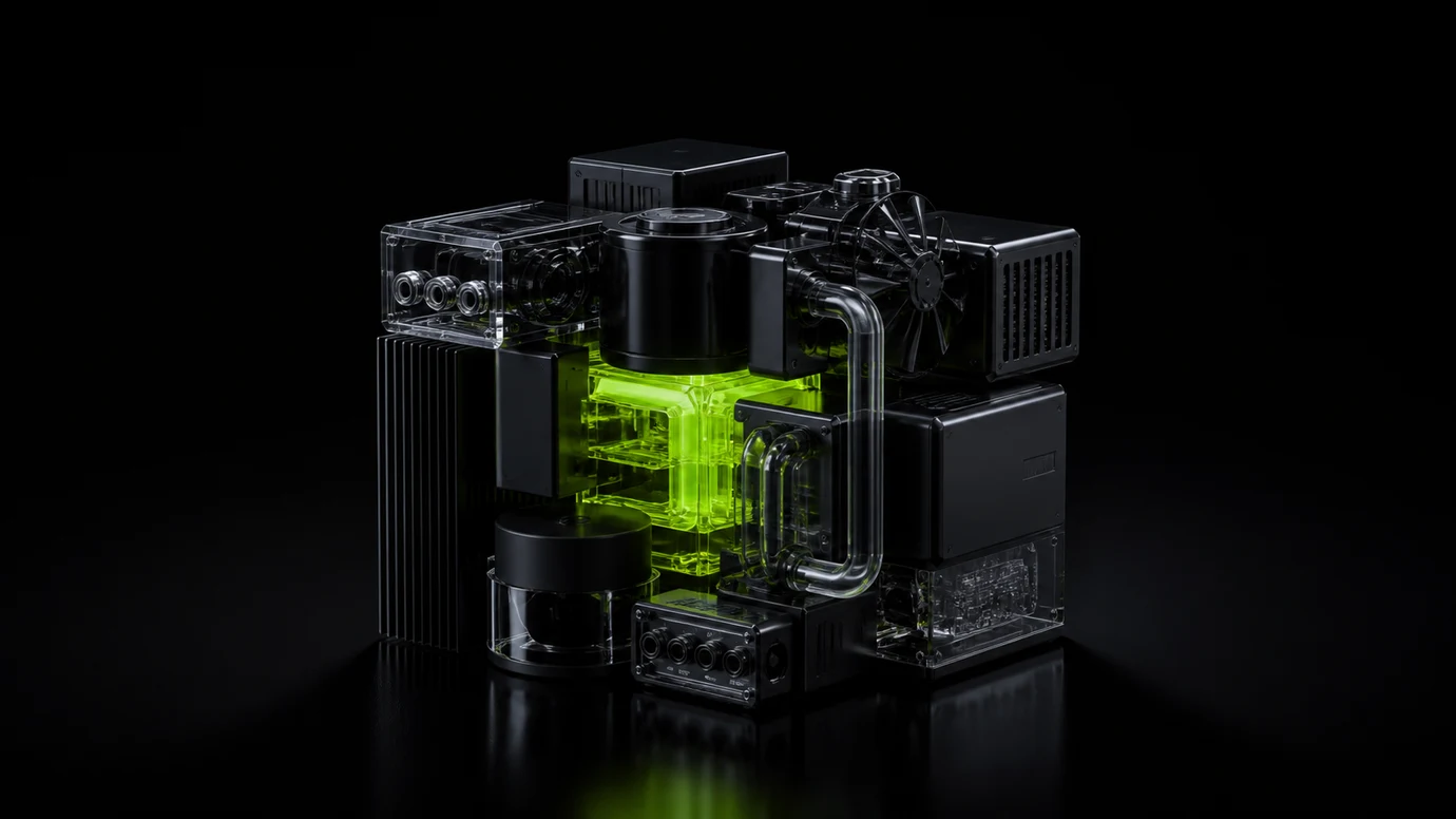 A bespoke black machine assembled around a custom-cut transparent lime software core