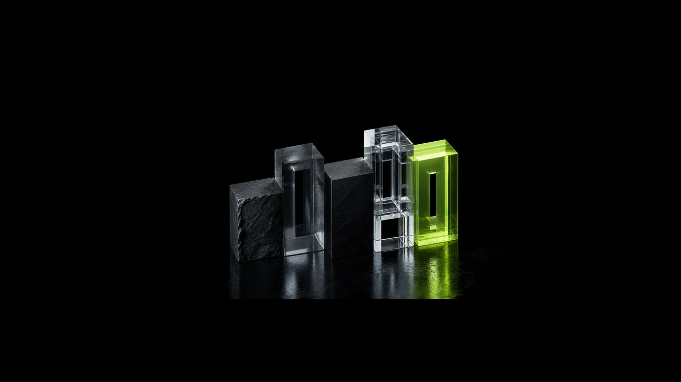 Five black, glass and lime forms progressing through a compact website project sequence