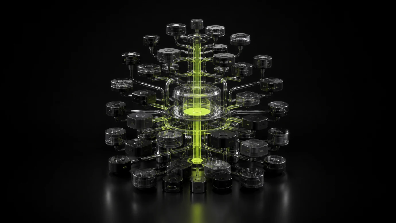 A dense network of black connector capsules routing through a transparent lime marketplace hub