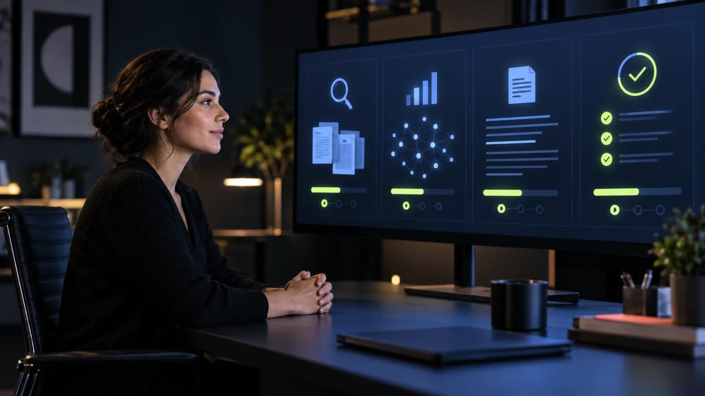 A human operator supervising several distinct AI workstreams from a shared dashboard