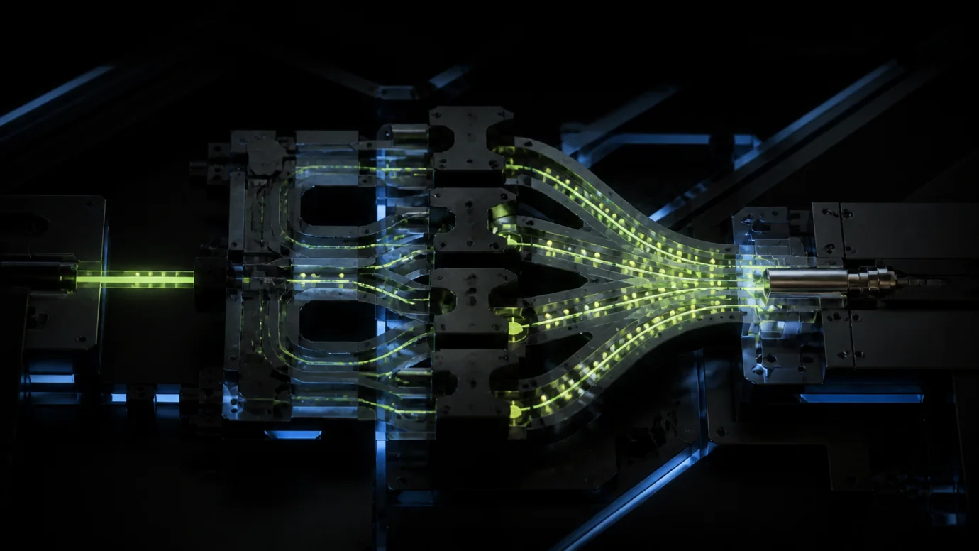 Glowing lime delivery paths multiplying through a precision black production system