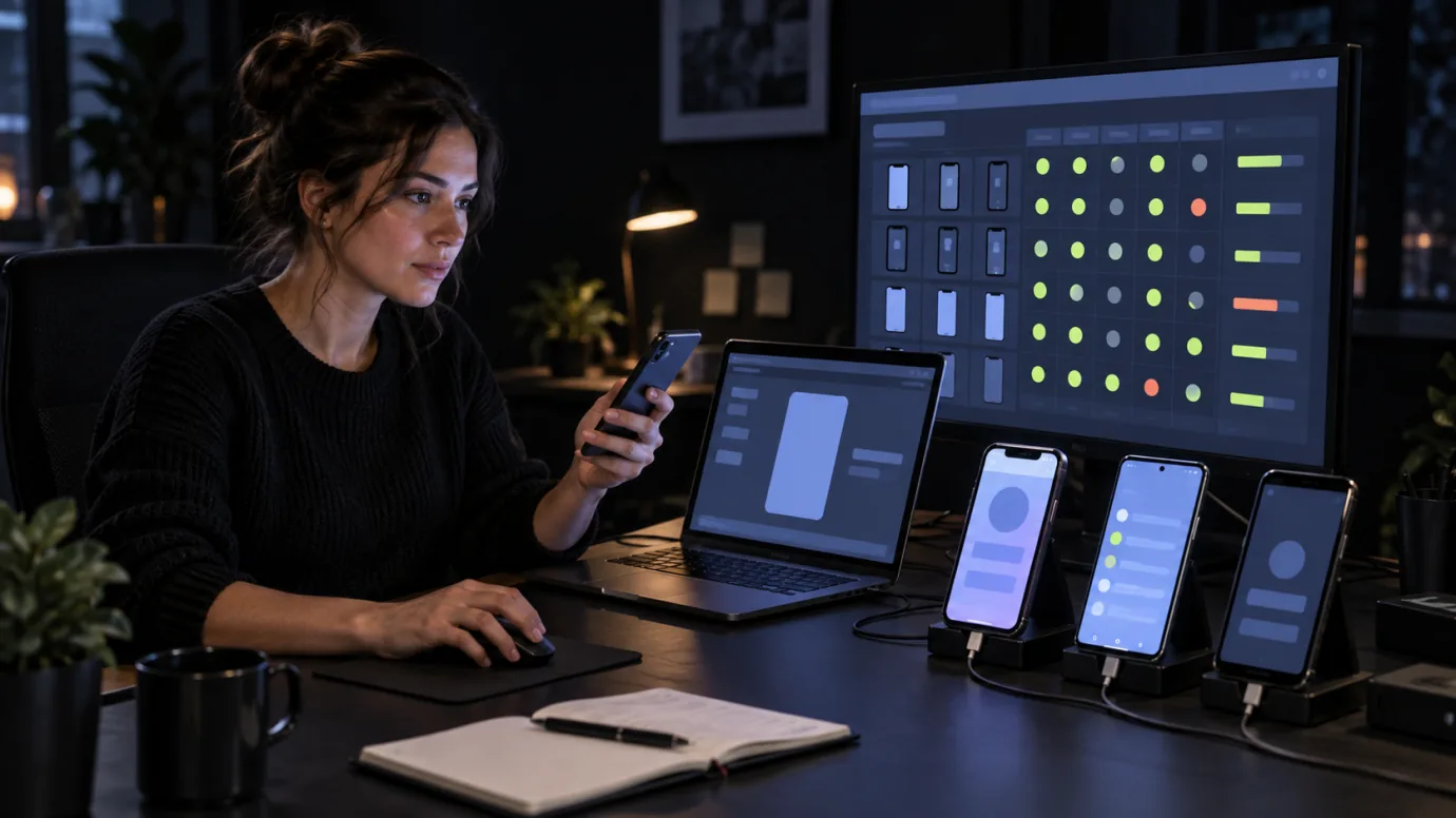 A QA specialist validating an app across real devices while automated tests run