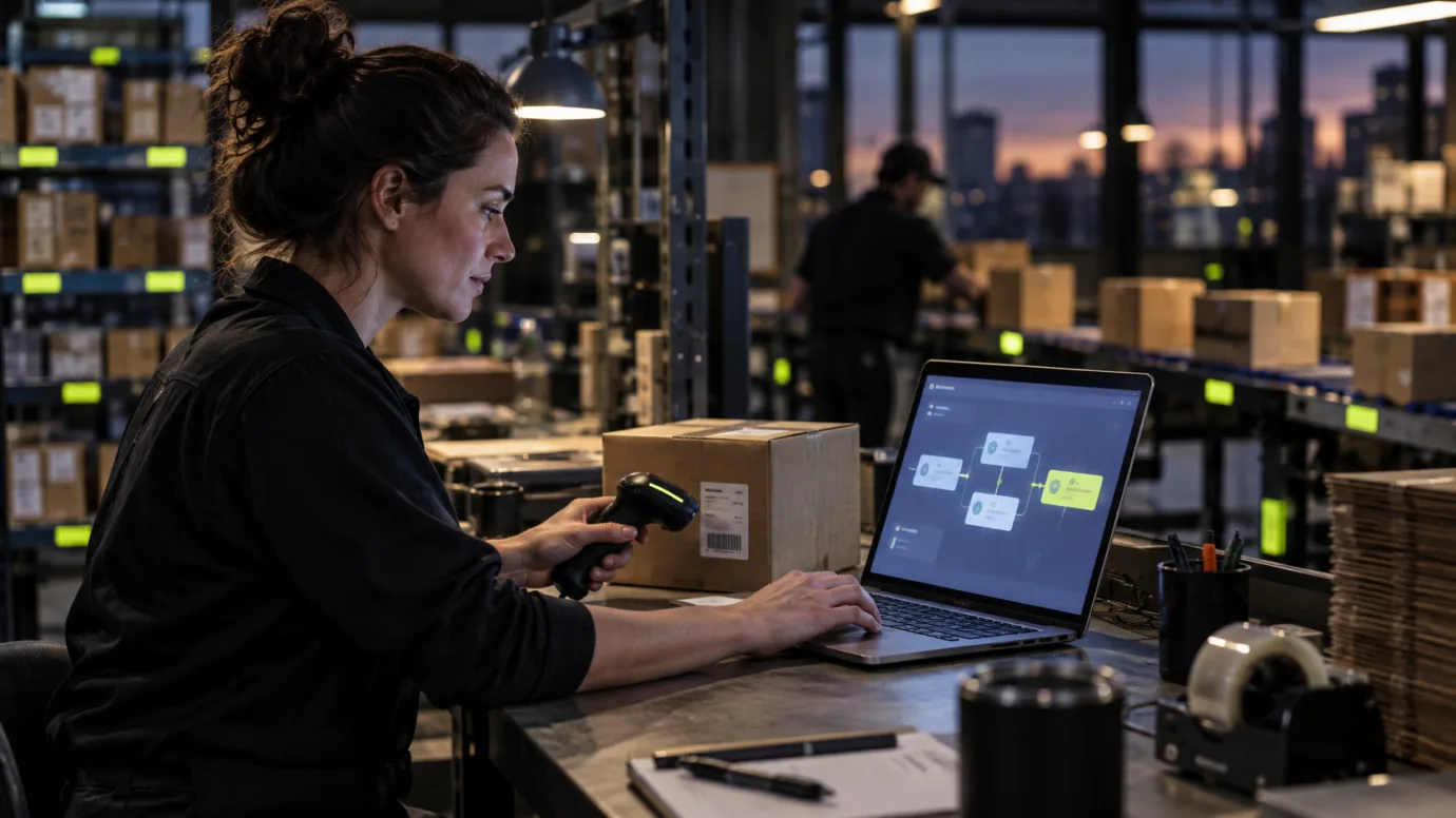 An operations manager supervising an automated fulfilment workflow from a real packing station