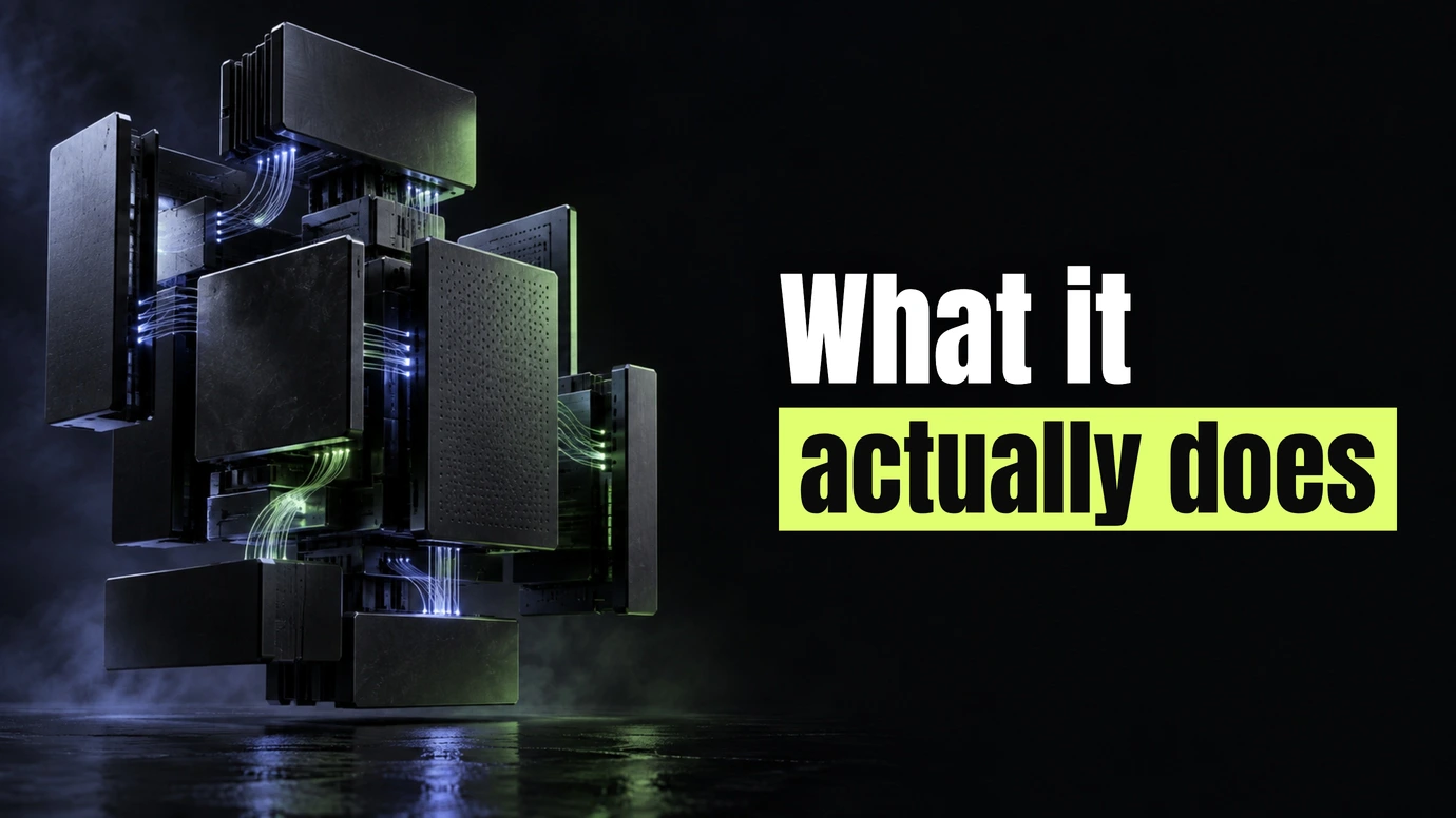 Interlocking dark panels threaded with glowing circuits beside the headline What it actually does