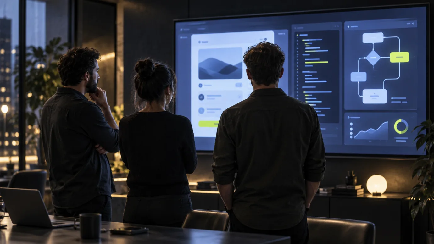A product team reviewing an interface, code and delivery workflow on a shared studio display