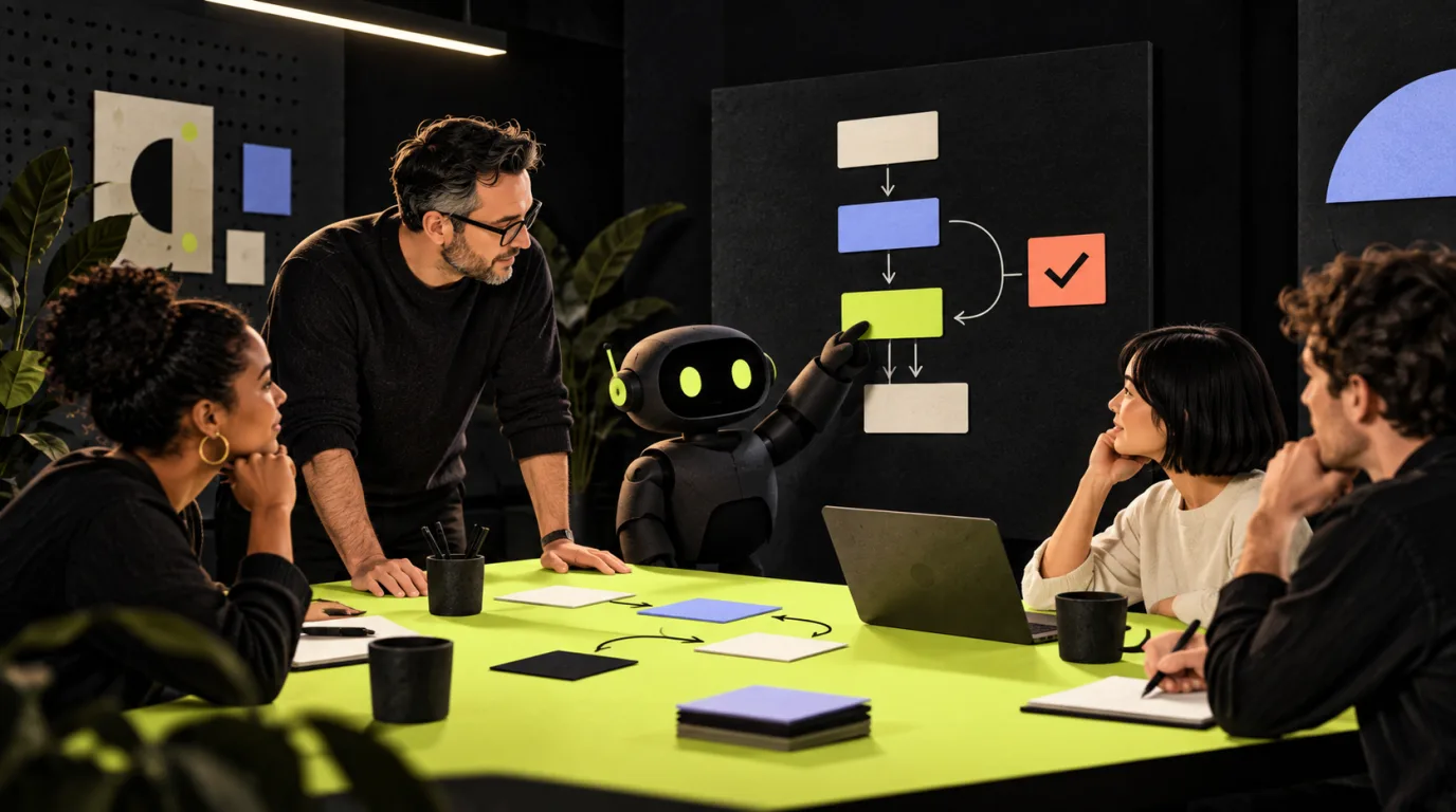 A business team learning an AI workflow with a small black Code23 bot at a bright lime workshop table