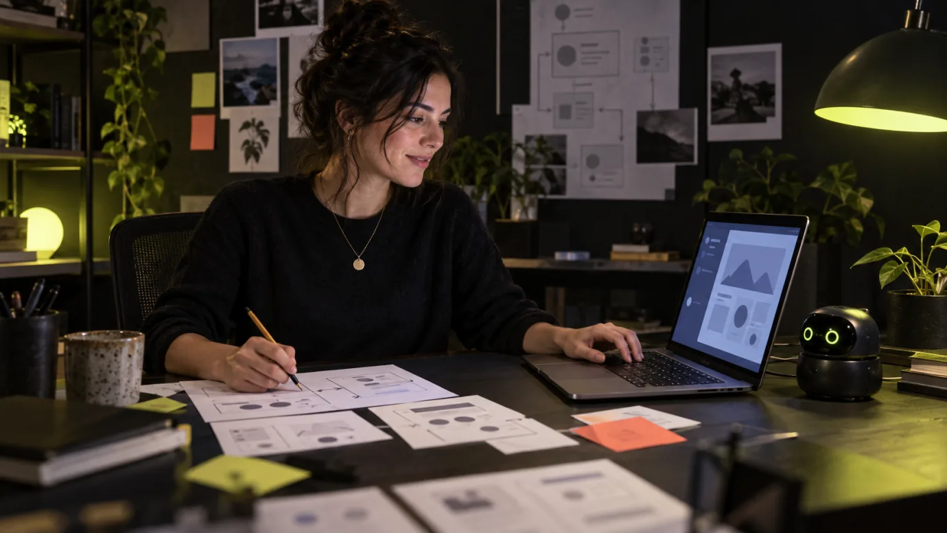 A UX designer leading interface work with a small AI desk assistant supporting the process