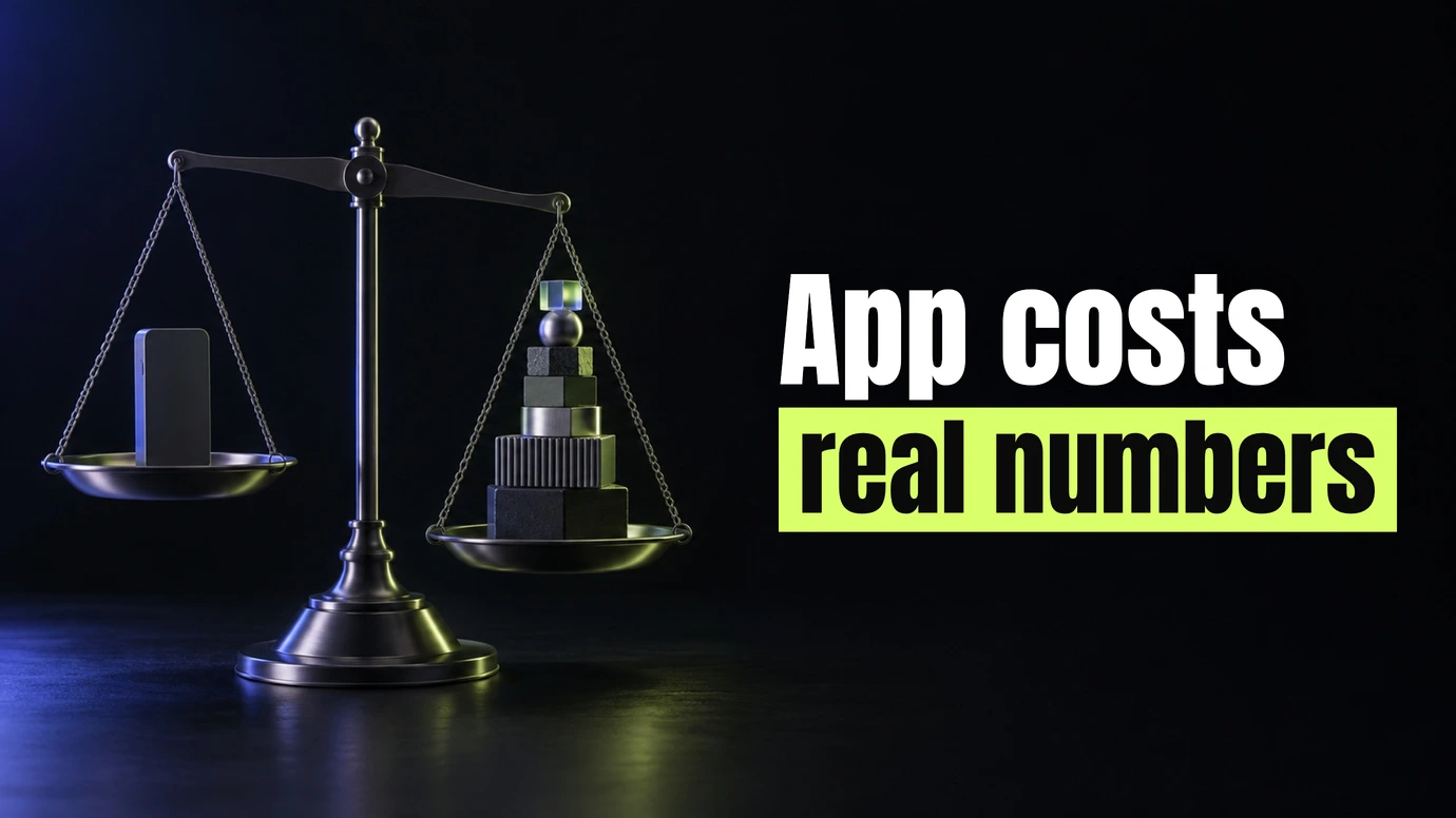 A balance scale weighing a phone against a stack of blocks beside the headline App costs real numbers