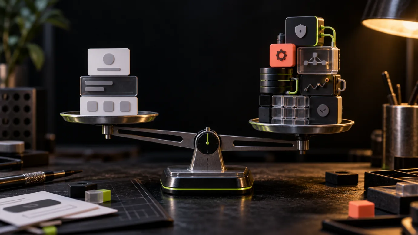 A precision balance comparing a simple app stack with a larger stack of data, security and integration modules