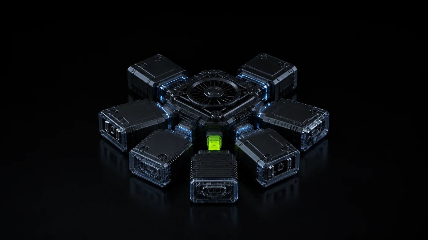 A lime compatibility signal at the centre of a modular black commerce platform