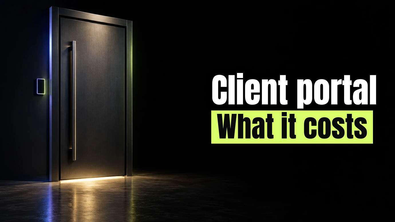 A dark door with a lit keypad and light under it beside the headline Client portal What it costs