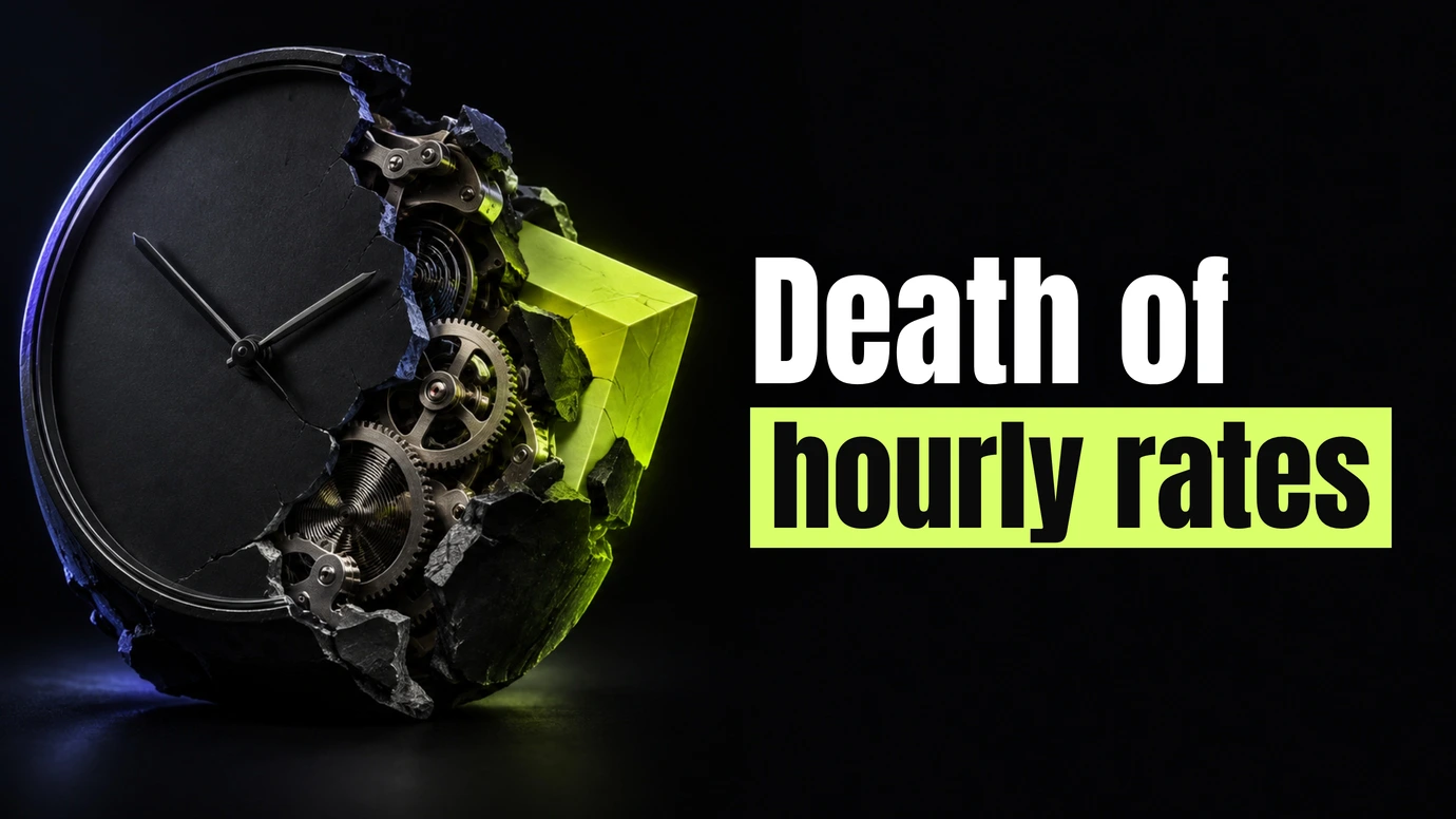 A shattered clock face with gears spilling out around a lime block beside the headline Death of hourly rates