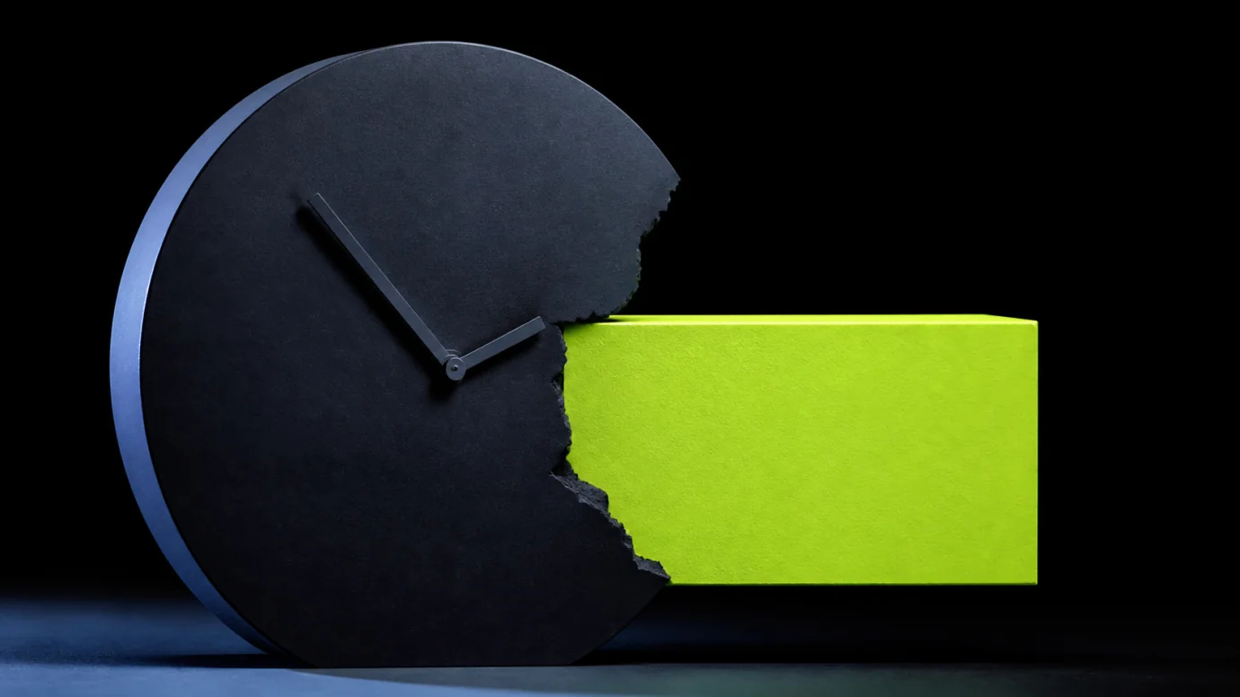 A solid lime outcome block displacing a broken black clock