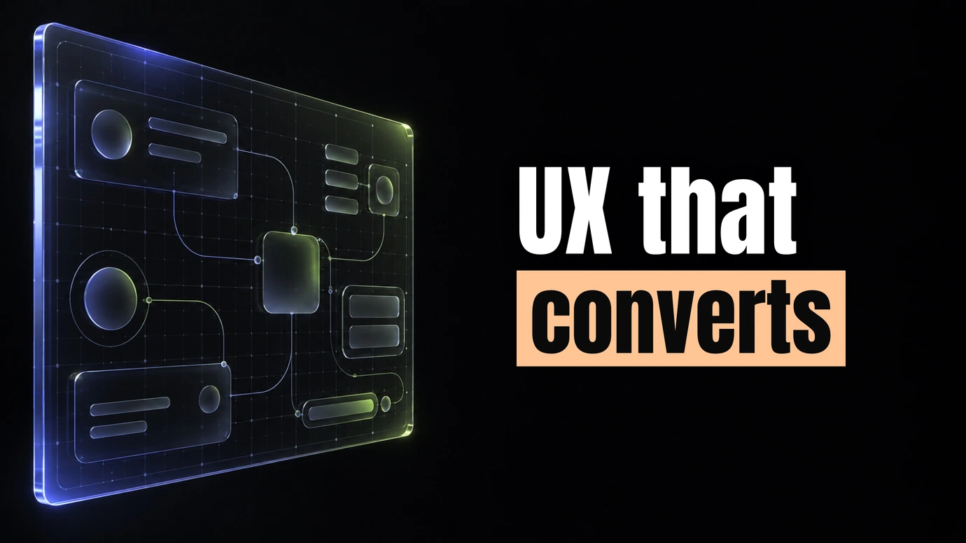 A glass panel etched with an interface layout beside the headline UX that converts
