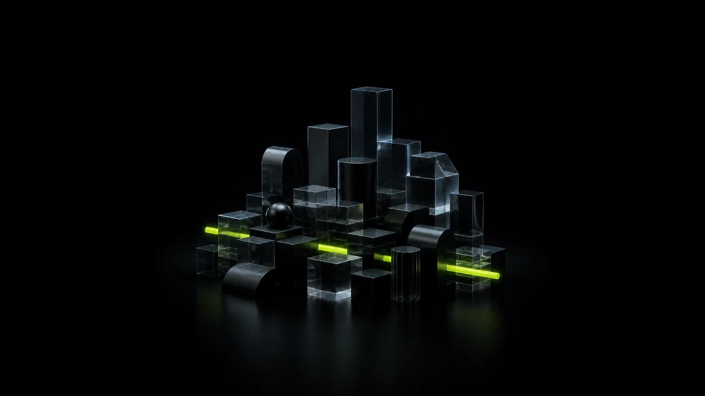 A lime signal passing through an evolving field of dark commerce forms