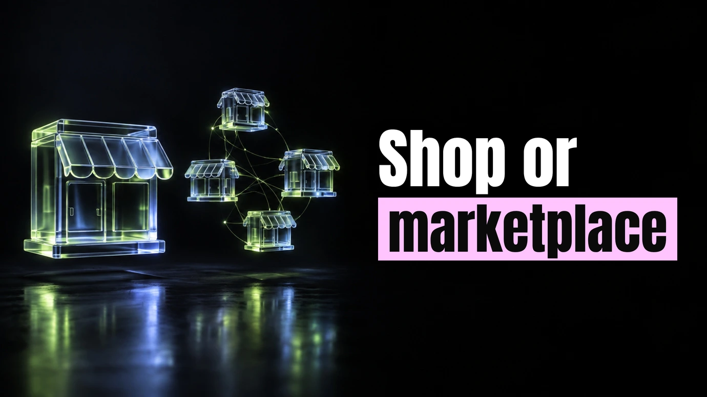 Two abstract glowing storefront shapes, one solid and one a linked cluster, representing an ecommerce store and an online marketplace side by side beside the headline Shop or marketplace