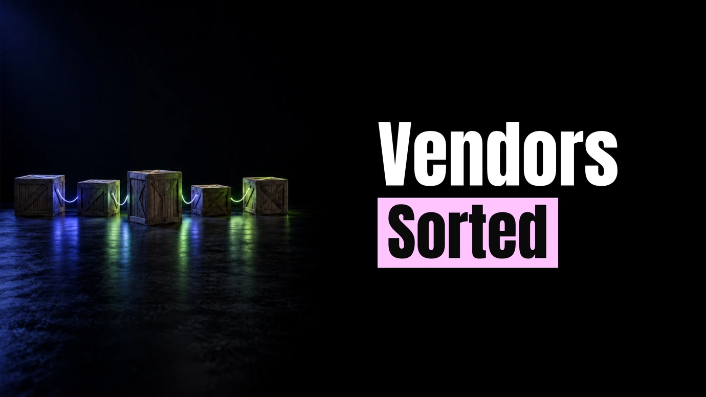 Dark studio scene of five plain crates linked by a single glowing thread, arranged in an orderly line, lit in periwinkle and lime beside the headline Vendors Sorted