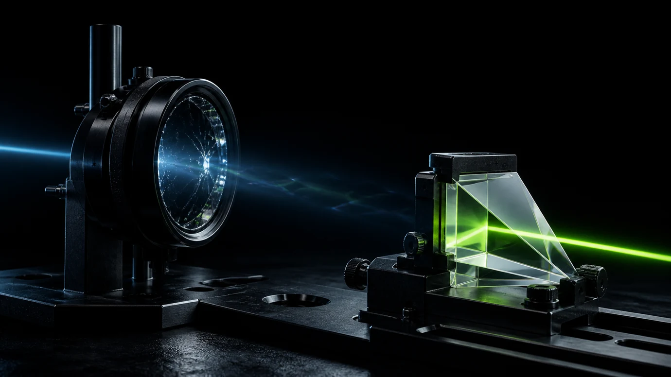 A precise lime telemetry signal resolving through a modern measurement prism beside a fragmented legacy lens