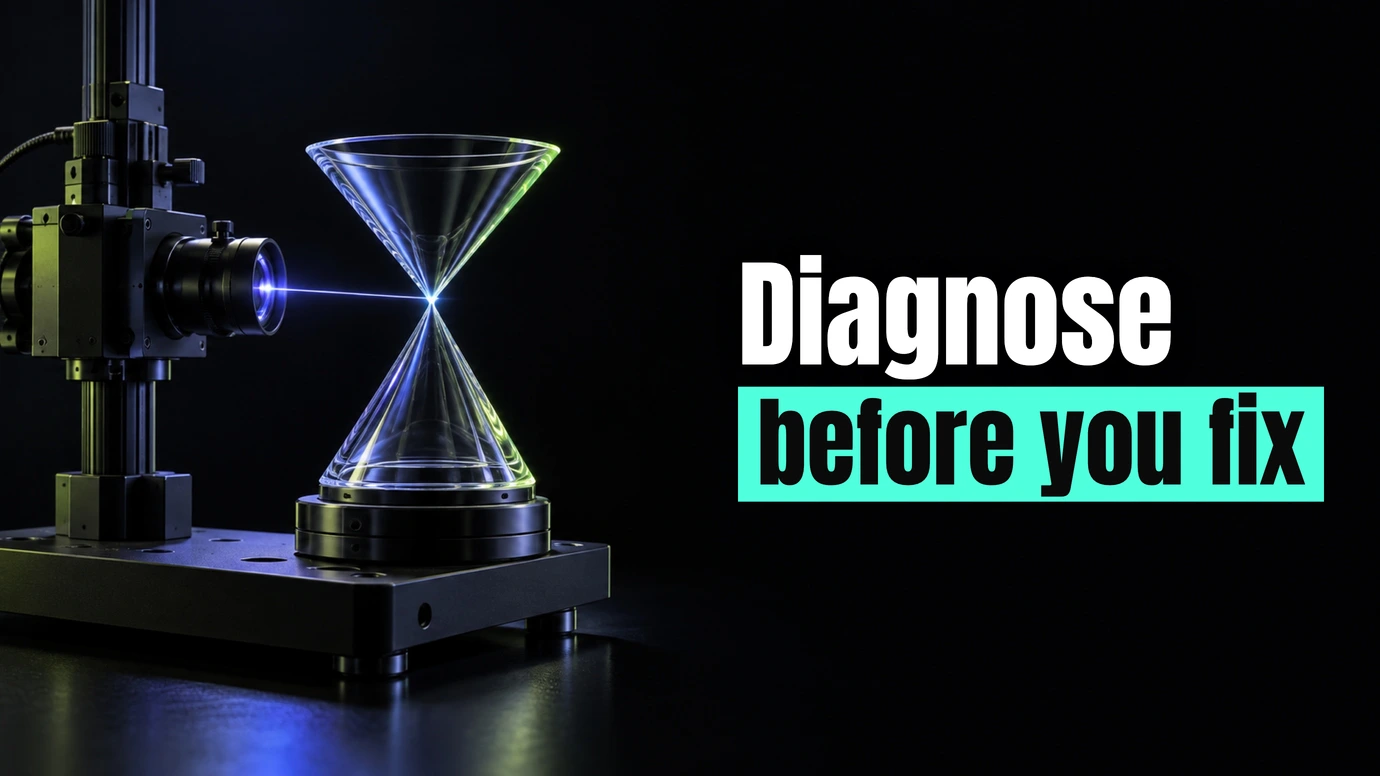 A lens focused on the narrow neck of a glass hourglass beside the headline Diagnose before you fix