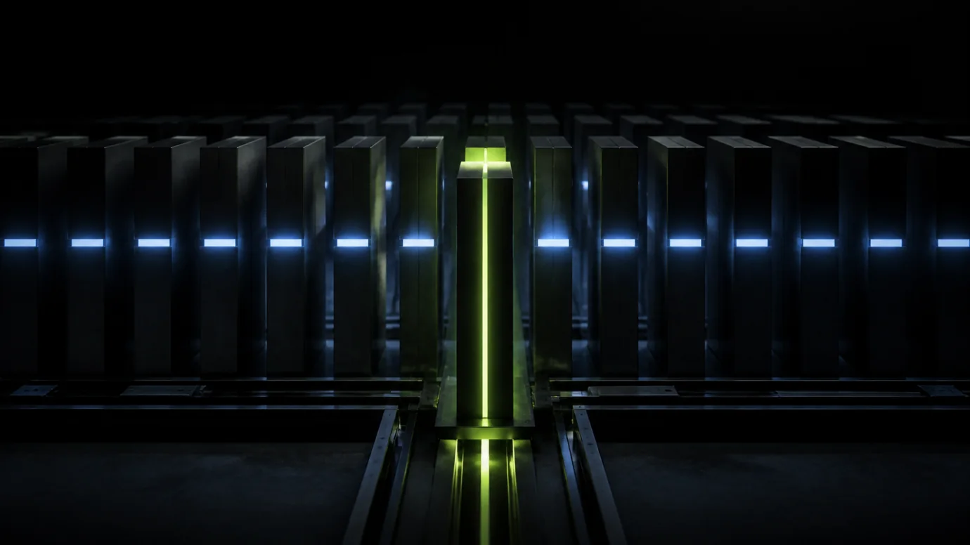One lime-lit knowledge block selected from rows of dark indexed information