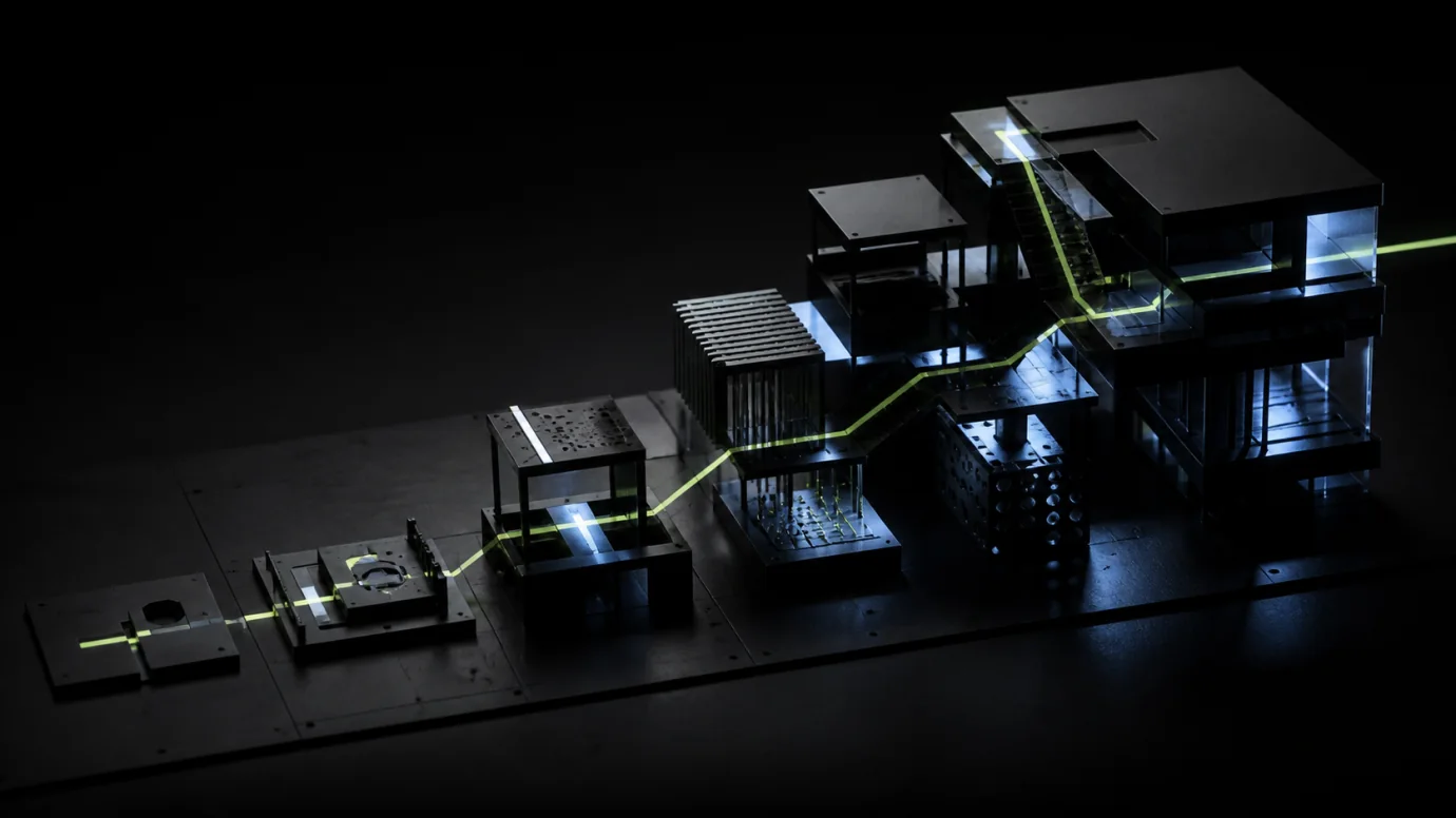 A modular black architectural system increasing in complexity along a glowing lime path