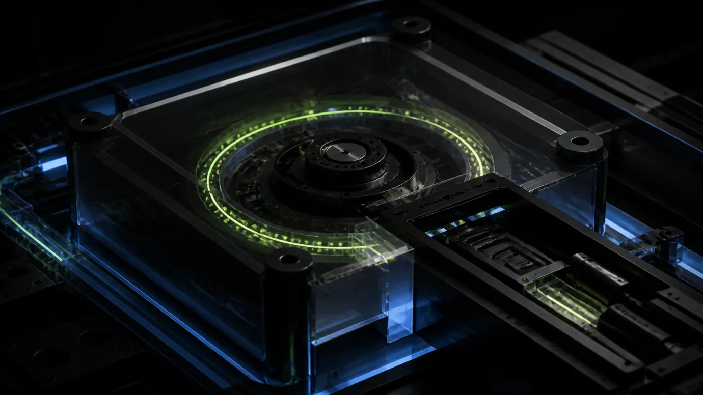 A protected mechanical core monitored by a continuous glowing lime diagnostic loop