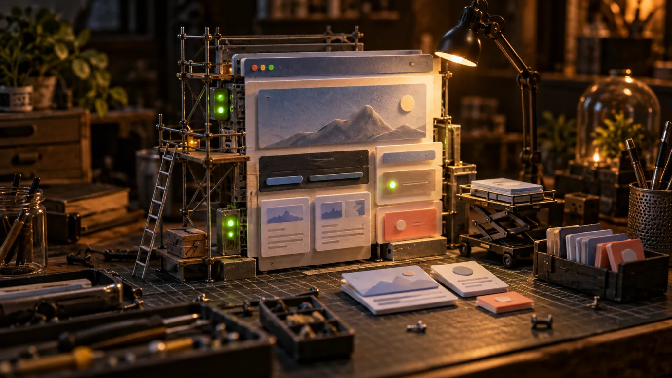 A miniature website interface under careful maintenance on a warmly lit workshop bench