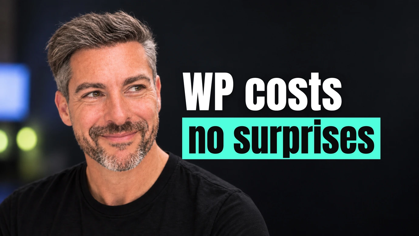 James Ansell, founder of Code23, with a knowing half smile beside the headline WP costs no surprises