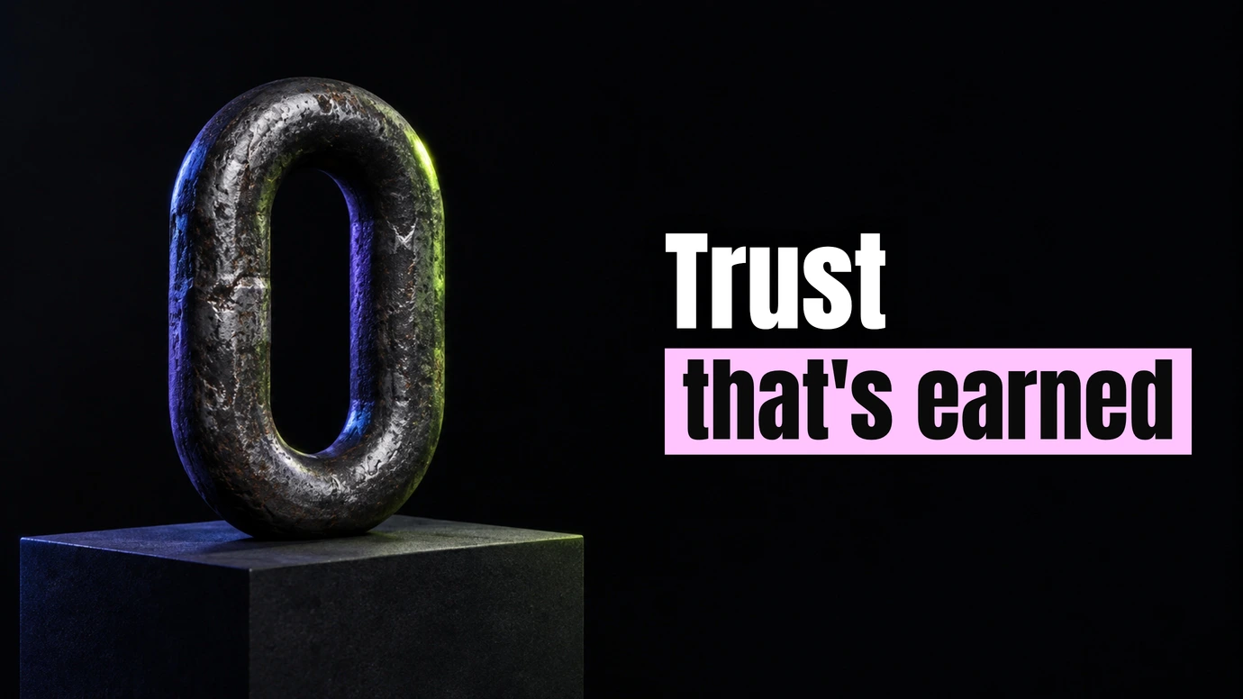 A single heavy iron chain link on a plinth beside the headline Trust that's earned