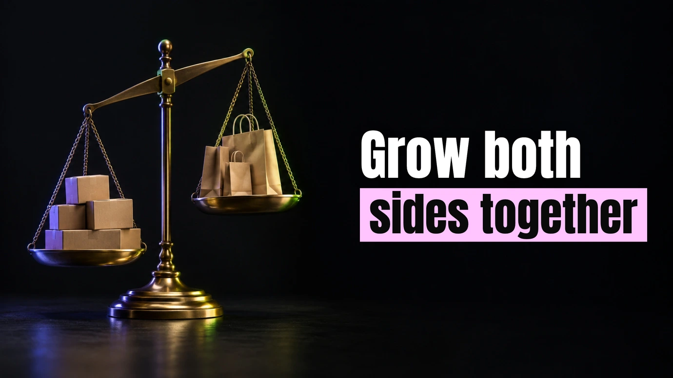 A balance scale weighing parcels against shopping bags beside the headline Grow both sides together