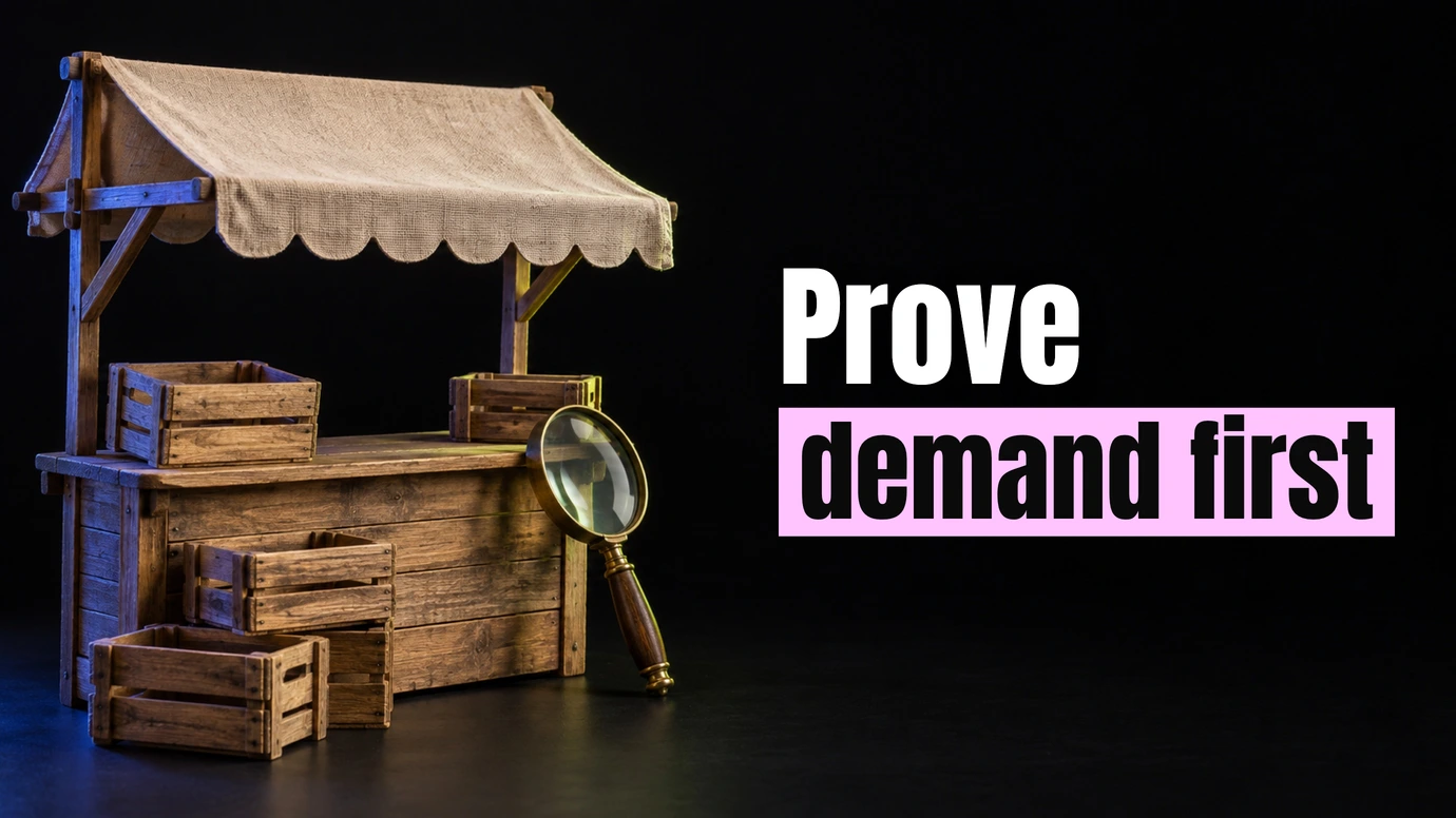 A wooden market stall with crates and a magnifying glass beside the headline Prove demand first