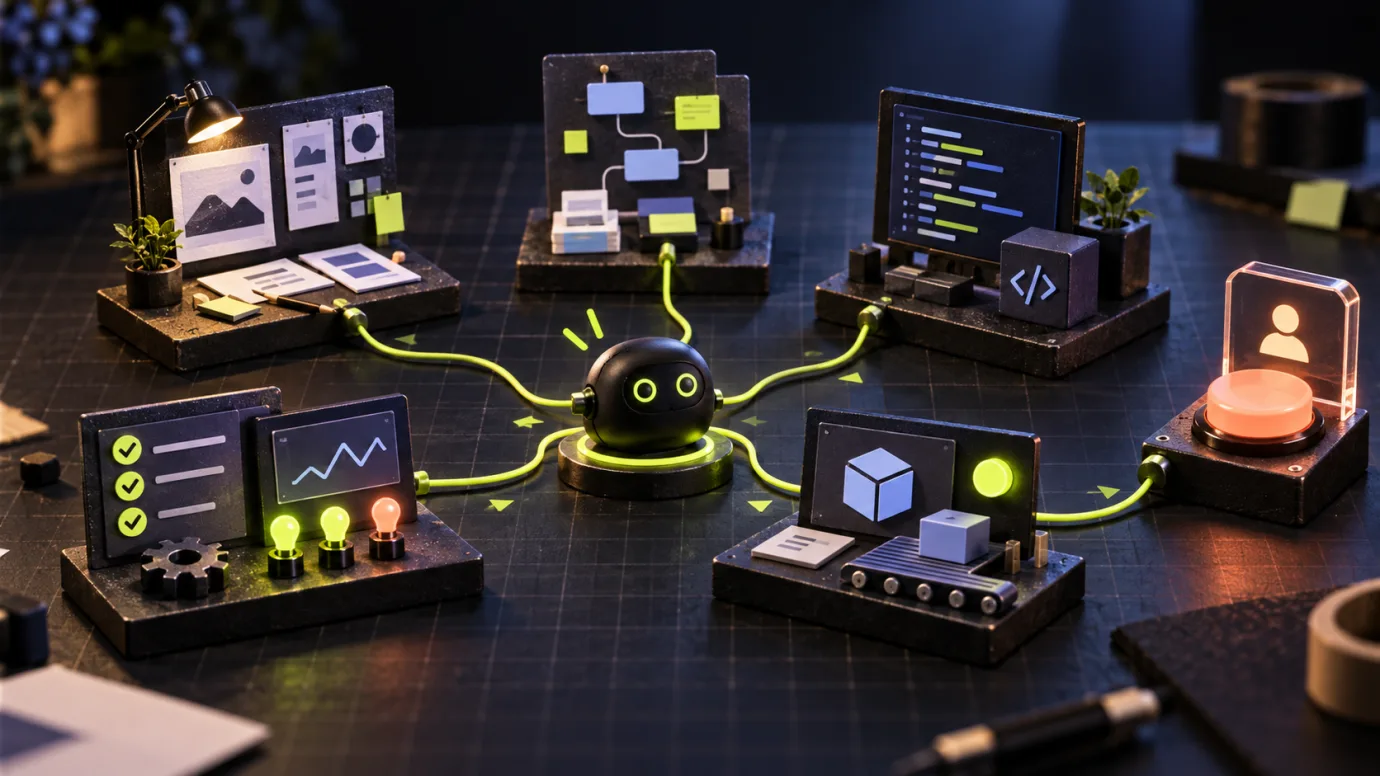 A small black Code23 bot coordinating specialist AI workstations through lime cables, with a coral human approval control
