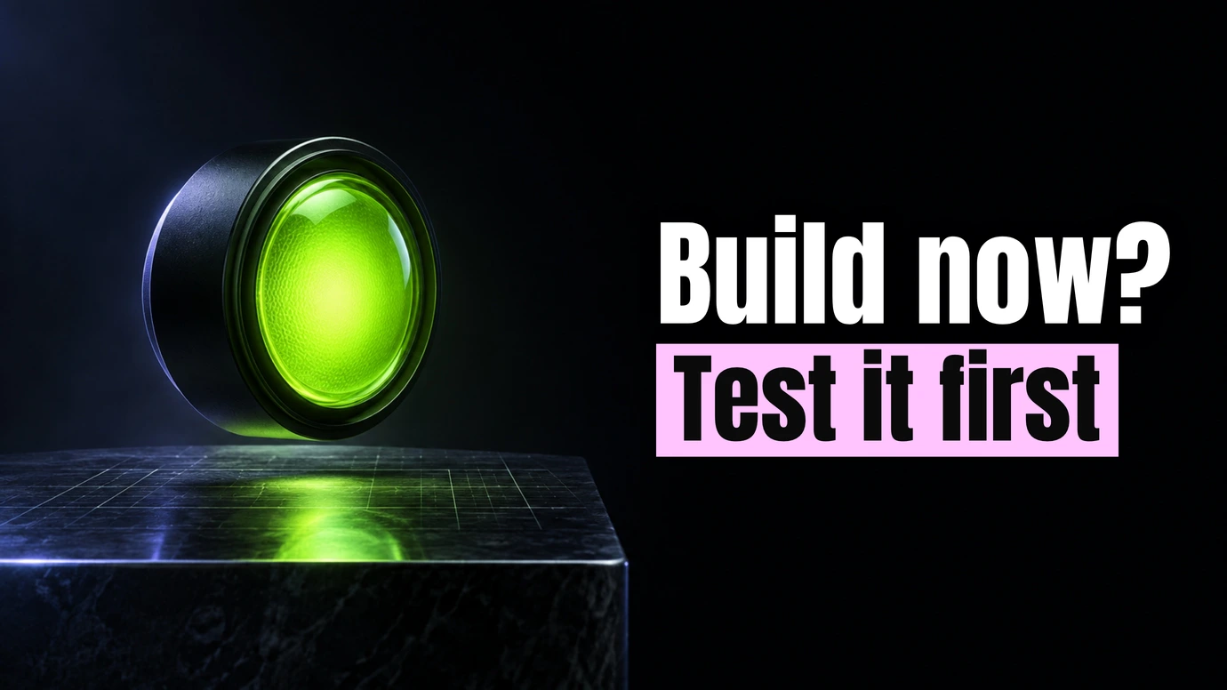A glowing lime button on a dark stone block, representing the decision to start building a marketplace, beside the headline Build now? Test it first
