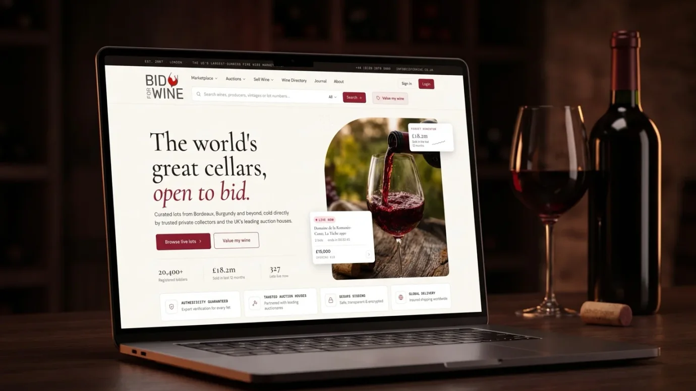 The Bid for Wine marketplace open on a laptop beside a bottle and glass of red wine
