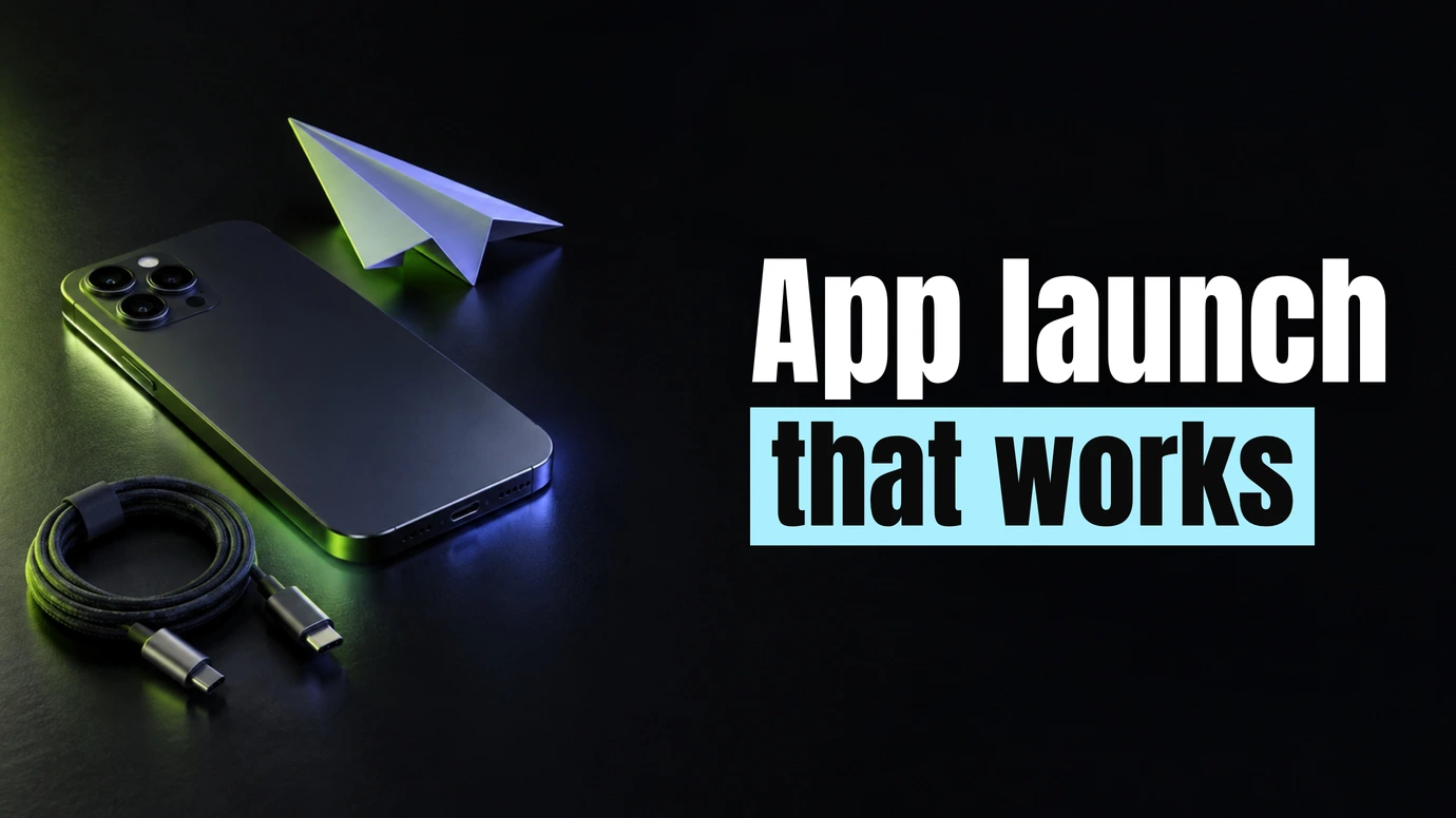A phone, a paper plane and a charging cable in a dark studio beside the headline App launch that works