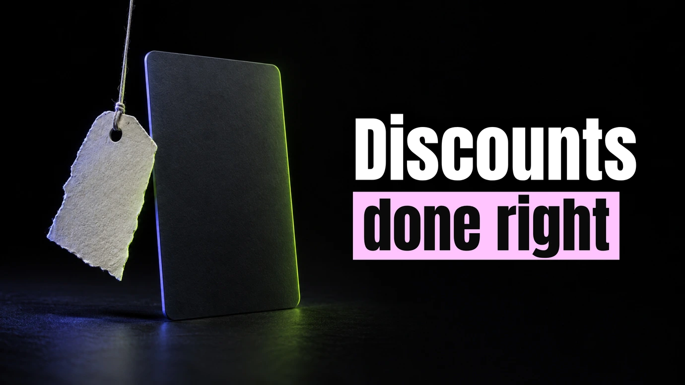 A blank gift card and a torn paper tag in a dark studio beside the headline Discounts done right
