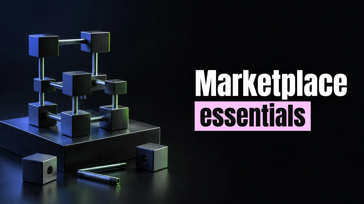 Interlocking metal modules on a plinth beside the headline Marketplace essentials