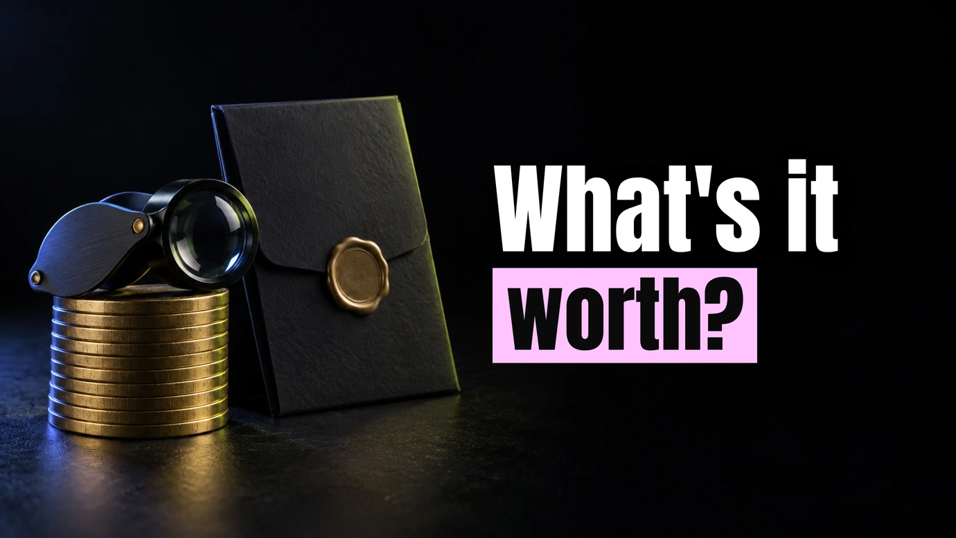 A jeweller's loupe on a stack of coins beside a sealed folder, next to the headline What's it worth?