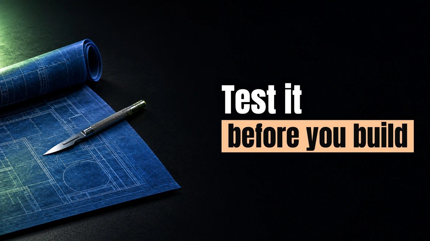 A half-unrolled blueprint with a scalpel resting on it beside the headline Test it before you build