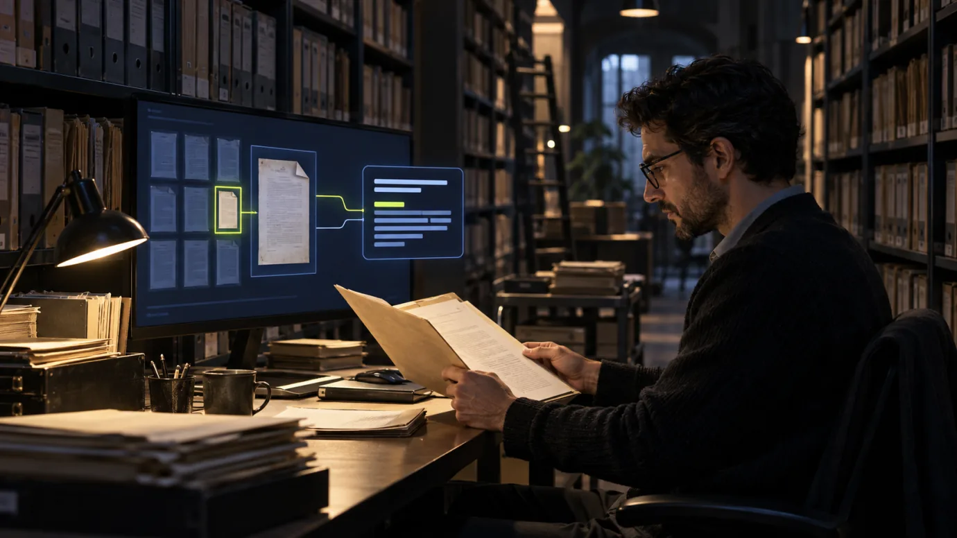 An analyst retrieving a relevant source document from a large business archive