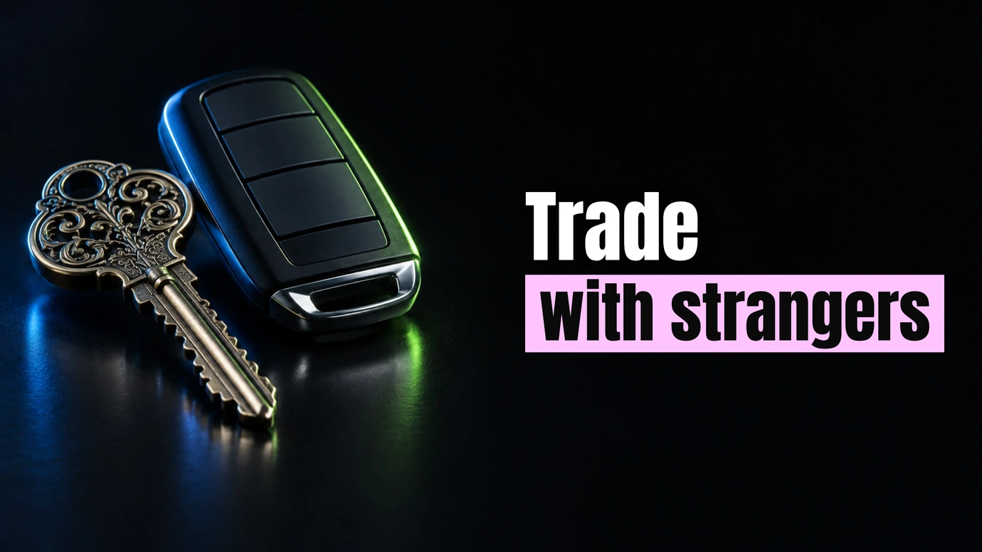 An old brass key beside a modern car key fob beside the headline Trade with strangers