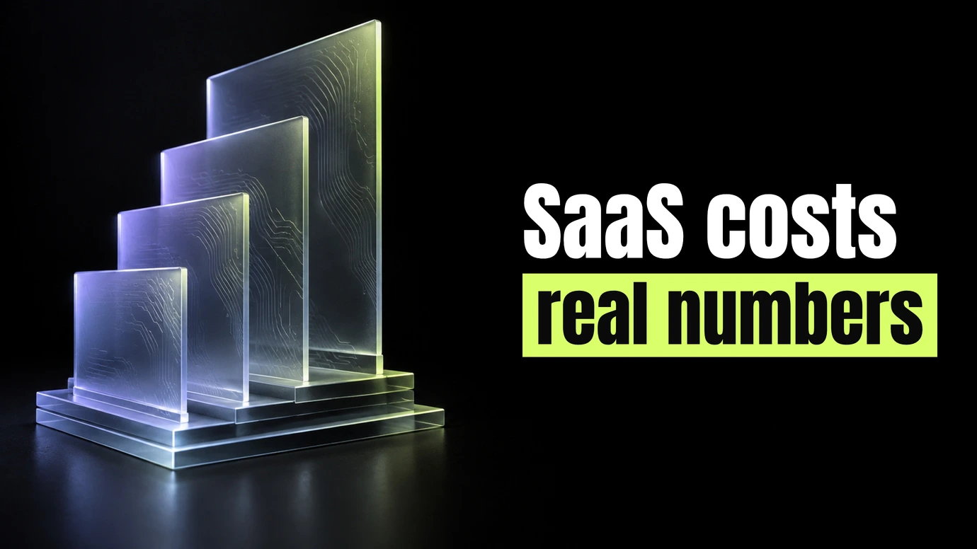 Glass panels rising in steps beside the headline SaaS costs, real numbers