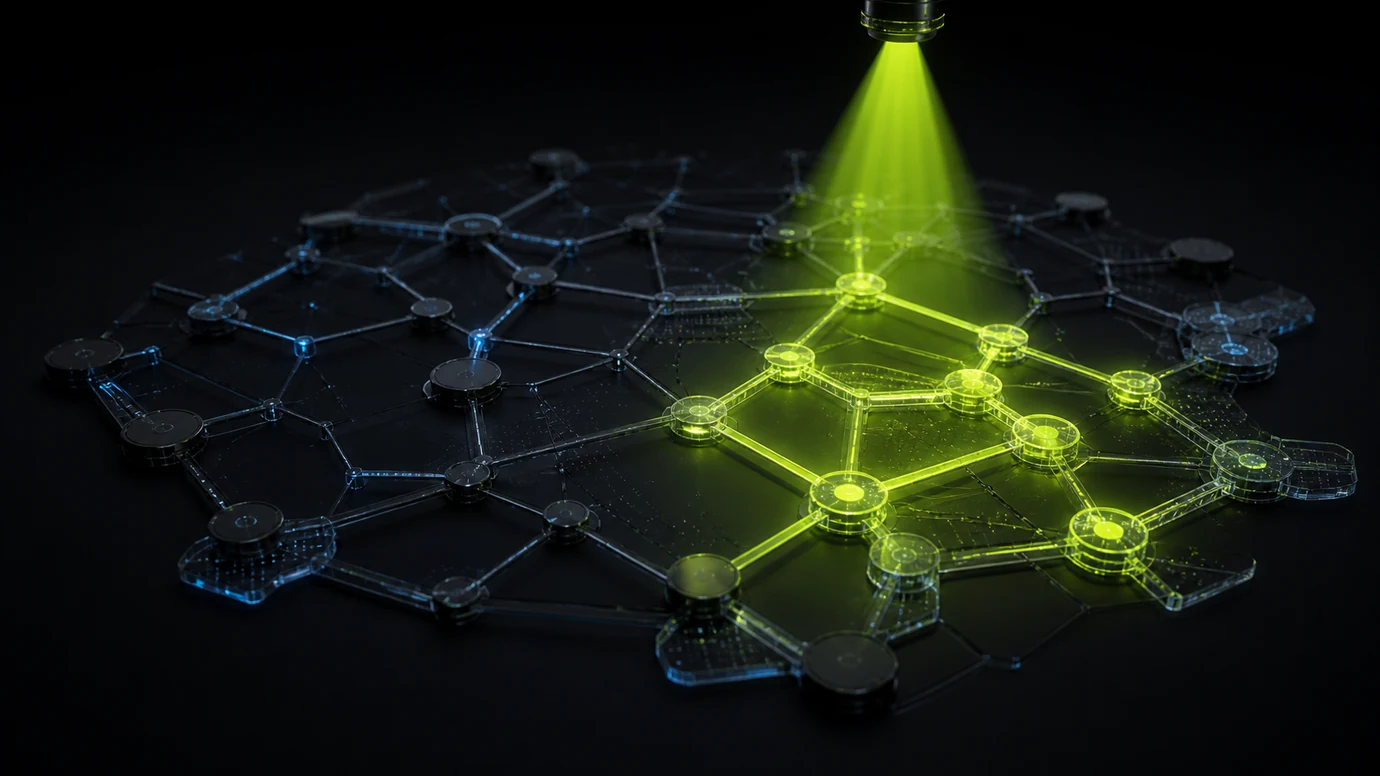 A lime discovery beam revealing connected routes across a dark marketplace mesh